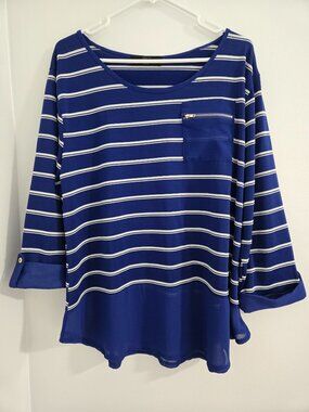 Ashley Blue Women's 3XL Blue & White Stripe Blouse – Sheer Long Sleeve